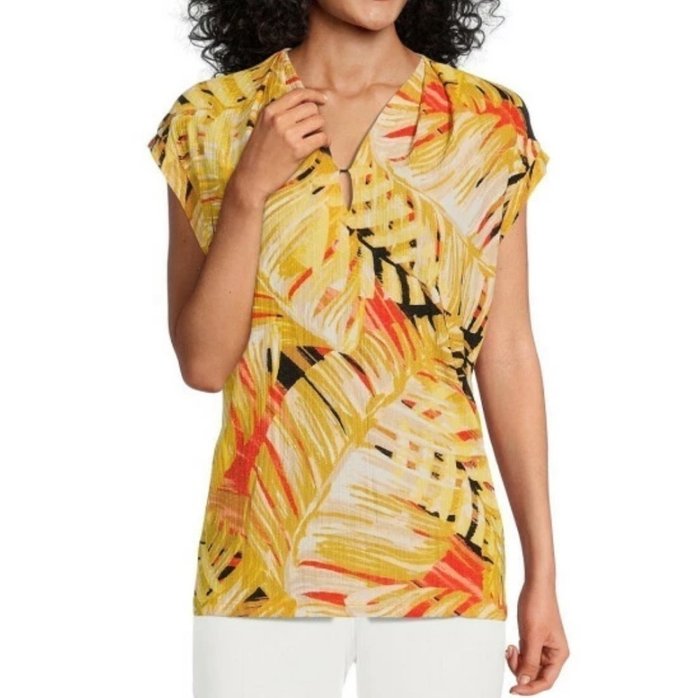 EUC Notations Tropical Cap Sleeve Pleated V-Neck Blouse Red Orange Yellow Leaves